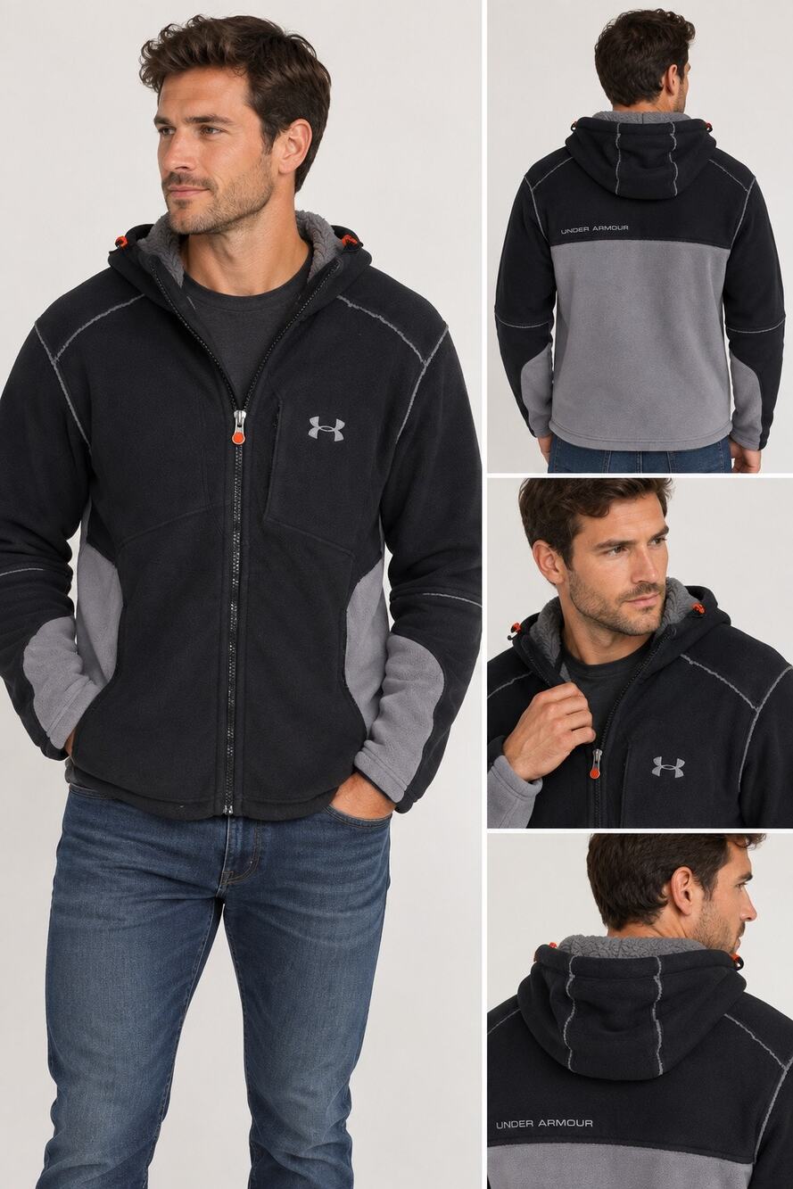 Under Armour Sherpa Fleece Full Zip Hooded Jacket Black Gray Small Loose Fit